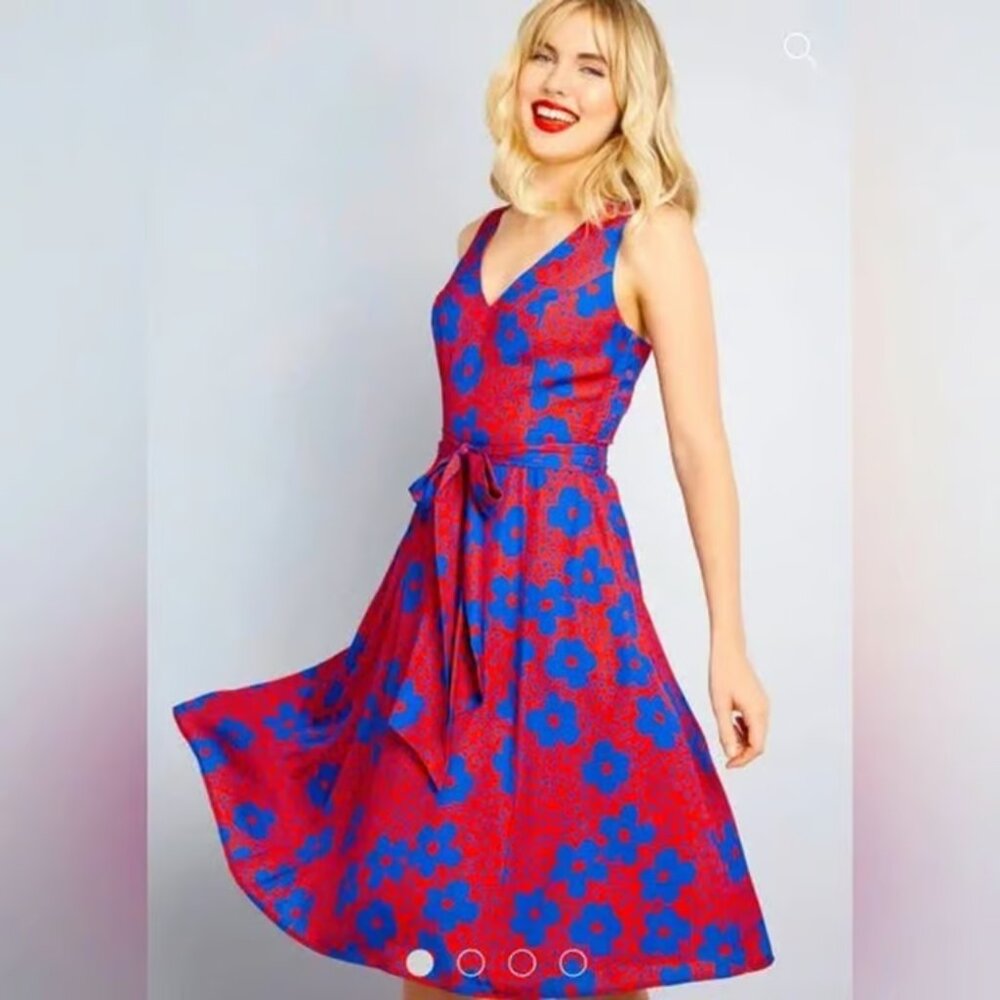 Funky Plus Size A-Line Dress | Red Blue Floral | Bow Back